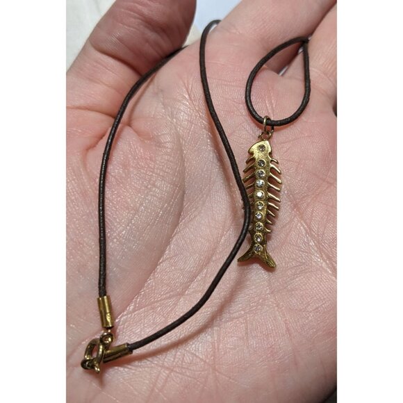 Glam Goth Fishbone Gold Sterling Pendant Necklace - Picture 5 of 10